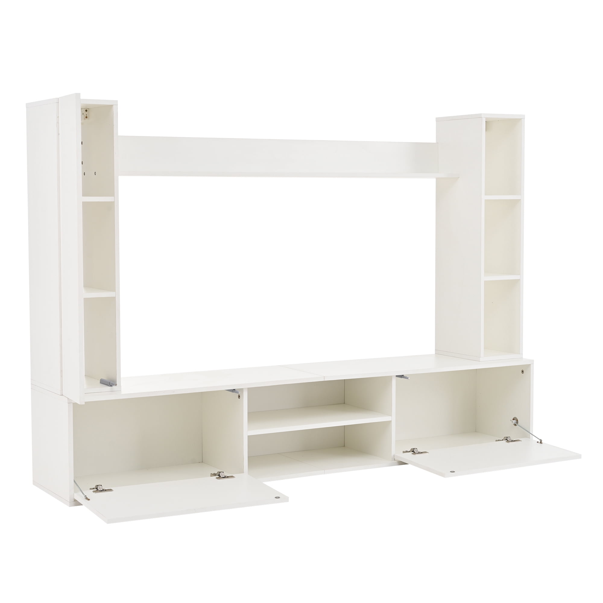Homy Casa Modular White Entertainment Center with TV Console, 2 Display Cabinets and Wall Shelf