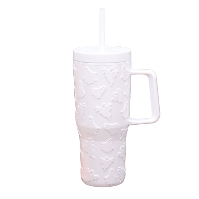 Way To Celebrate 31.6 oz white acrylic ghost tumbler with embossed ghost patterns, featuring a tall cylindrical shape with a handle, white lid, and matching straw, suitable for Halloween party tableware and festive use.
