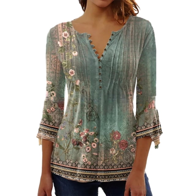 pitrice 3/4 Manches Tops Swing T-Shirt d'Été Tunique Respirante Attrayante Multicolore Longue Durée Plissée devant à la Mode Vert M