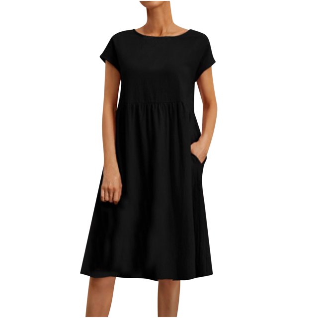 RKSTN Robes d'Été pour Femmes 2023 Décontractées en Coton et Lin Couleur Unie Longueur Genou Jupes Col Rond Manches Courtes Robe Midi avec Poches