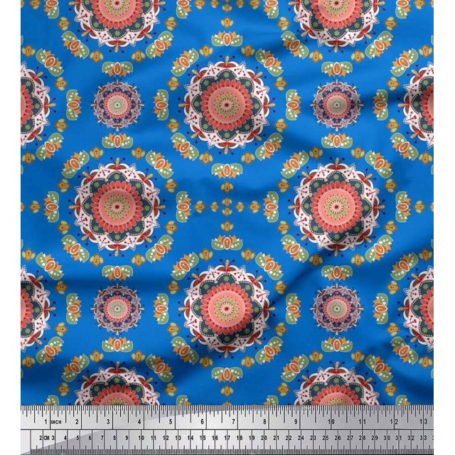 Soimoi Silk Fabric Floral Mandala Decor Fabric Printed Yard 42 Inch Wide