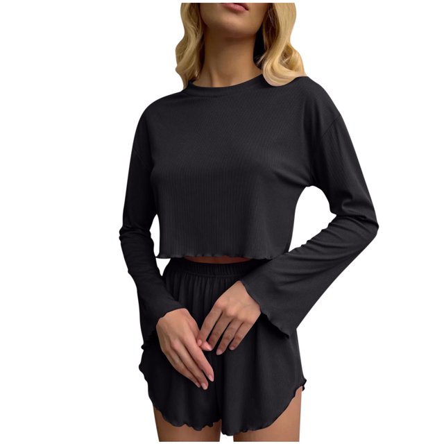 Tnhcen Ensemble de Pyjama pour Femmes, Haut Court à Manches Longues Douillet et Short à Volants - Ensembles de Pyjamas à Col Rond Confortables pour Femmes, Tenue de Détente Extensible S-TG