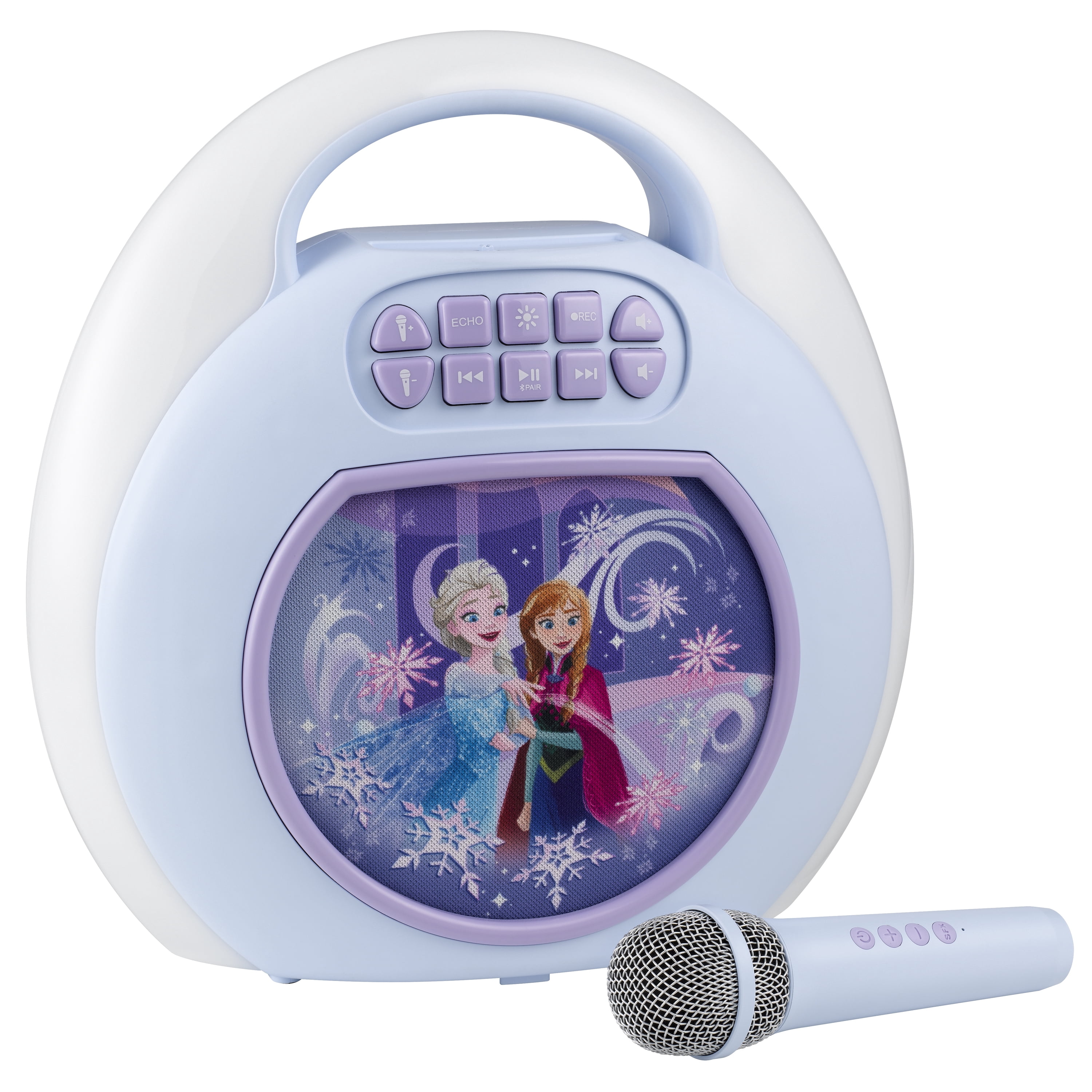 Machine de karaoké MP3 BT Frozen ave microphone sans fil et port d’extension USB pour stocker et enregistrer vos chansons préférées. Écoutez et chantez en même temps sur de la musique diffusée via BT.