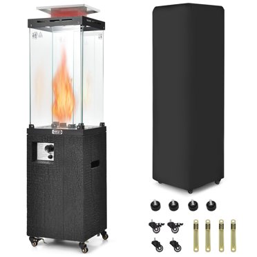 Gymax Chauffage de Patio au Propane de 41 000 BTU, Tube en Verre, Chauffage au Gaz sur Pied avec Couvercle, Roues, Noir