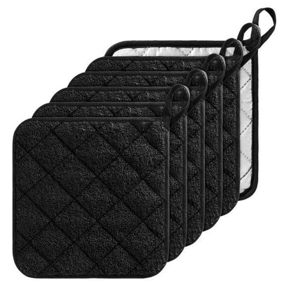 Binwennn How to Wash The The Towel Kitchen Counter 6Pcs Quilted Oven Set Pot Holders Black Heat Durable 7'x7' Hot Pads With Hanging Loop Durable Machine Washable Oven For Daily Kitchen Baking