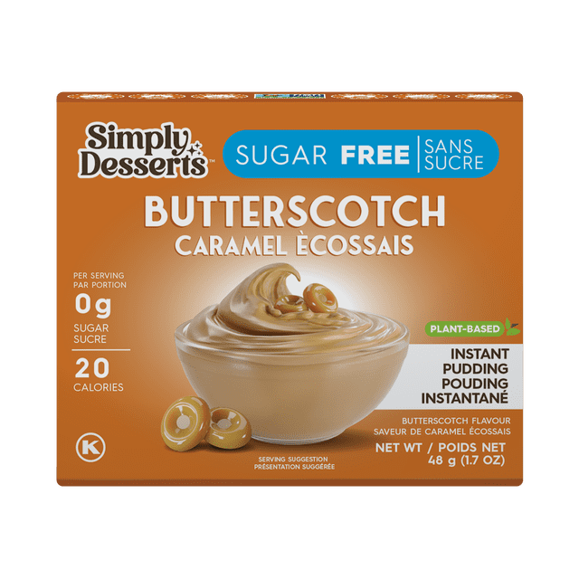 Simply Desserts - Pudding au caramel Écossais, 48 g Sans Sucre, Instantané à Base de Plantes avec 20 calories par Portion, Saveur caramel Écossais Sans Gluten et Végane, Représenté avec un Tourbillon de Pudding Crémeux dans un Bol Transparent et Deux Bonbons au caramel Écossais sur un Fond orange, Convient aux Régimes Faible en Glucides.