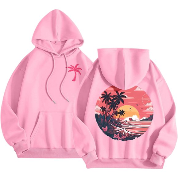 Palm Puff Oversized Hoodies for Women, Teen Girls Preppy Sweatshirt Long Sleeve Y2K Graphic Tees with Pockets, B05 Pink, X-Large