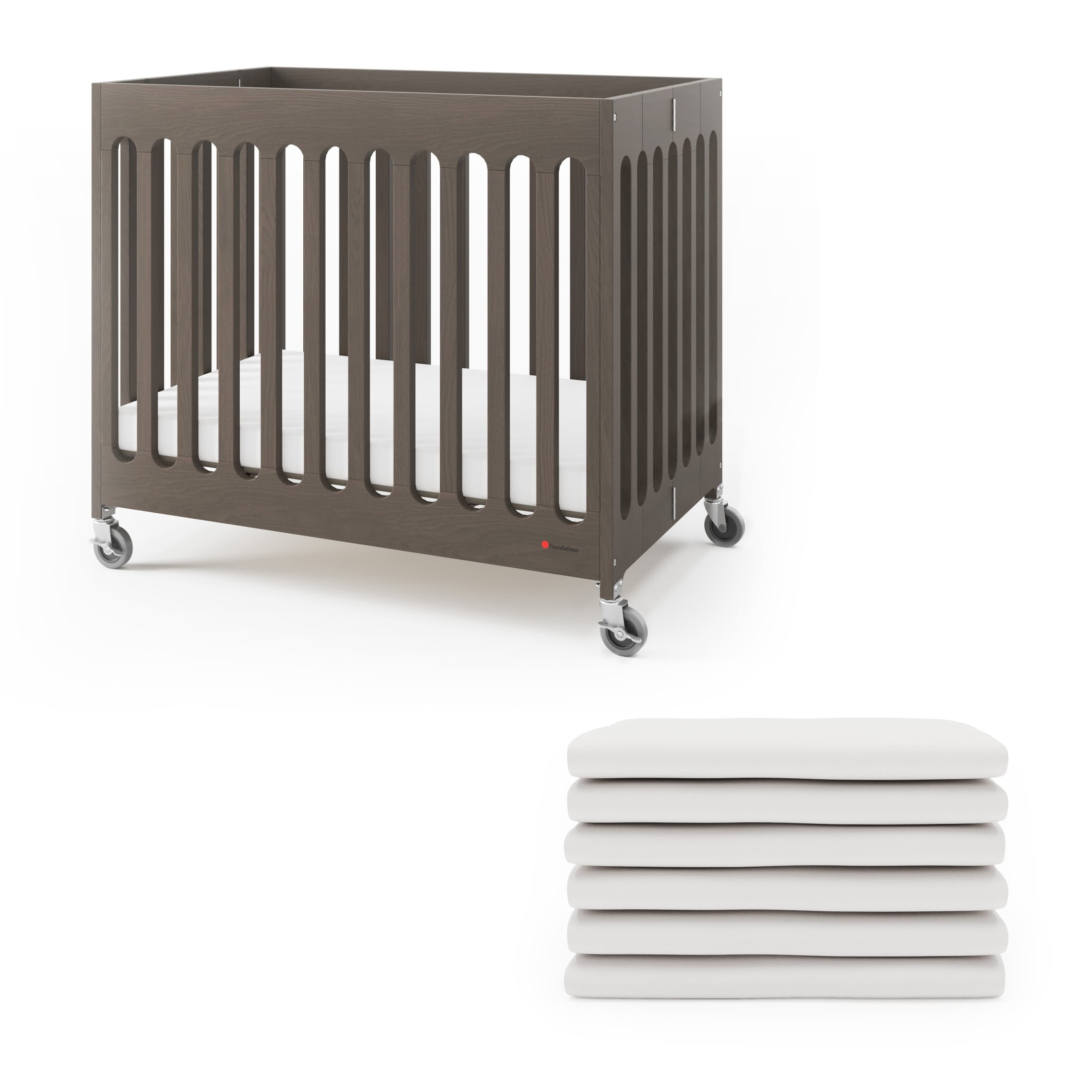 Foundations Boutique Folding Hotel Crib and Sheet Bundle - Includes Wooden Mini Crib with 3" Foam Mattress (Grey) and 6-Pack White Fitted Compact Crib Sheets
