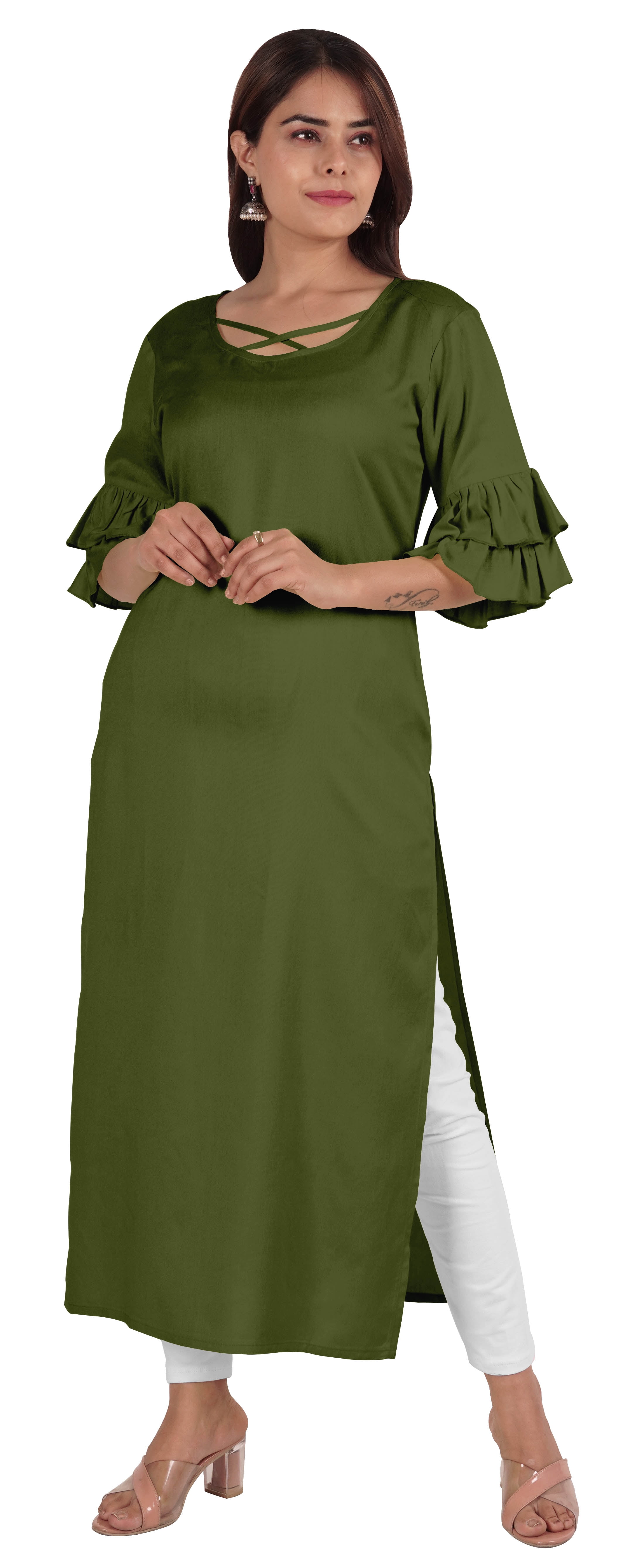 Moomaya Kurta en Rayonne Uni pour Femmes à Manches Évasées, Col à Cordon, Kurti Ethnique Long