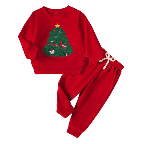 Splozh Newborn Baby Boy Girl Christmas Outfit Childrens Christmas Set Baby Boys Cute Christmas Tree Embroidery Long Sleeved Pants Two Piece Set Red,12-18 Months