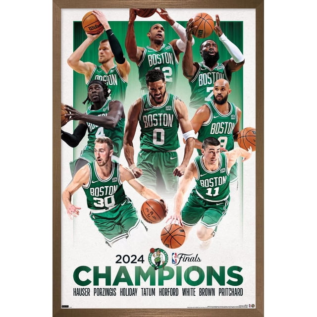 NBA Celtics de Boston - Affiche Murale des Finales NBA 2024, 22,375 Po x 34 Po Encadrée, Représentant Huit Joueurs en Vert, Chandails Celtics de Boston en poses d'Action de basketball sur un Fond Dégradé Vert, avec Texte « 2024 Champions » et Noms des Joueurs Hauser, Porzingis, Holiday, Tatum, Horford, Blanc, Brun et Pritchard en Dessous, Idéal pour la Déco de Chambre de fan de sports.