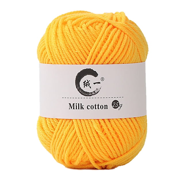 Colorful Hand Knitting 25g Knitting Crochet Milk Soft Baby Cotton Wool Yarn in a vibrant yellow shade. Made of soft acrylic milk cotton, this 65m skein is colorfast and semi-warm, perfect for DIY crafts like sweaters, scarves, hats, and table mats. Label displays 'Milk cotton 25g' with decorative text.