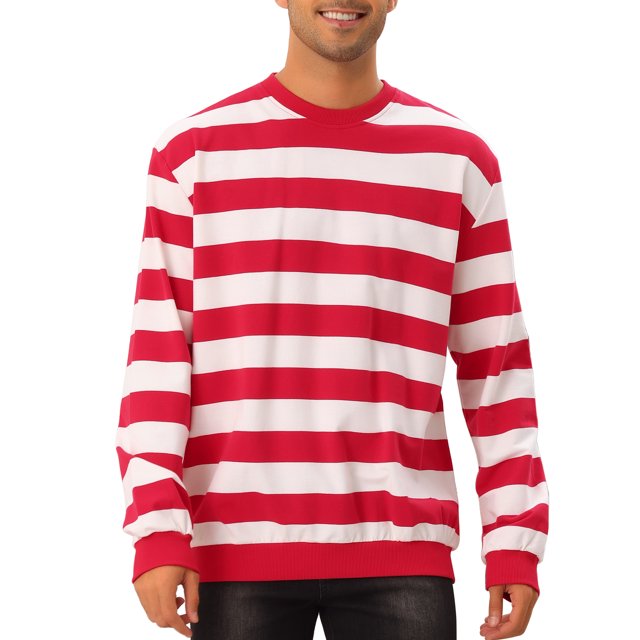 INSPIRE CHIC Chandails pour Hommes à Rayures Contrastantes, Col Rond, Manches Longues, Coupe Régulière, Chandail Molletonné à Enfiler en Taille g, avec des Rayures Horizontales Rouges et Blanches Audacieuses, un Col Rond Classique et des Manches Longues. Fabriqué avec un Tissu Doux pour le Confort et la Durabilité, Ce Chandail à Coupe Régulière Convient aux Activités Extérieures Décontractées, aux Réunions de Famille et aux Événements Saisonniers comme l'Halloween et Noël. Montré Assorti à des jeans Foncés.