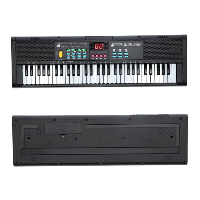 Keyboard Piano, a 61-key digital piano instrument with a black plastic body and electronic components. Designed for musical teaching and entertainment, it features dual magnetic speakers, a small digital screen, a music stand, and USB connectivity for devices like phones and tablets. Includes a microphone, earphone jack, and karaoke functionality. Suitable for ages three and up.