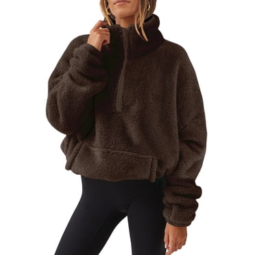 AherBiu Sherpa Sweatshirts for Women Half Zip up Lapel V Neck Fleece Plush Warm Pullover Winter Tops