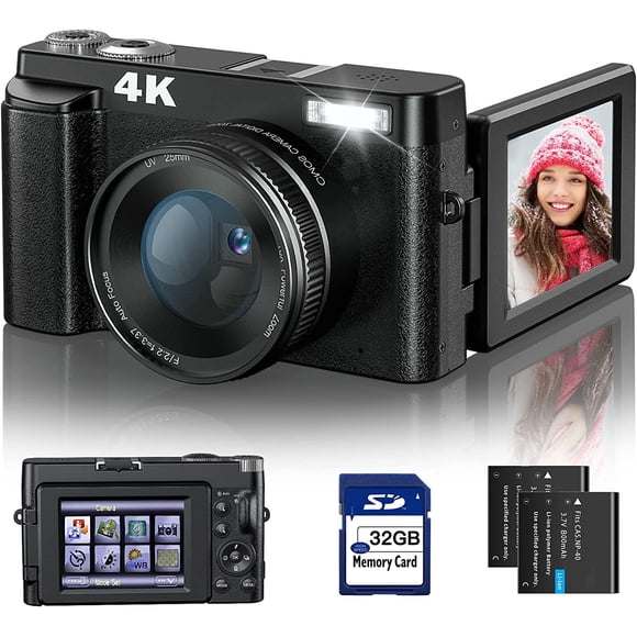 Appareil Photo Numérique 4K Mise au Point Automatique et Anti-Tremblement 48MP Appareil Photo de Vlog avec Carte SD, Écran Rabattable 3 Pouces 180° Appareil Photo Compact avec Flash Zoom Numérique 16X Appareil Photo de Voyage