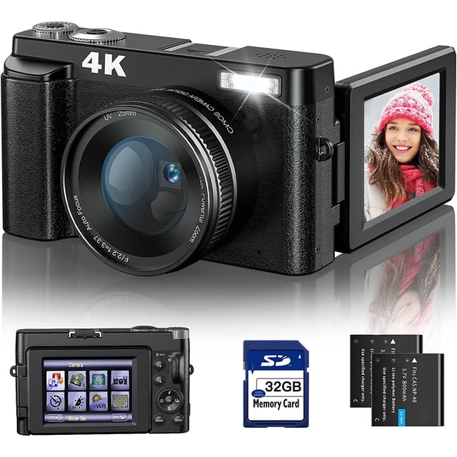 Appareil Photo Numérique 4K à Mise au Point Automatique et Anti-Tremblement 48MP pour Vlog avec Carte SD, Doté d'Un design compact Noir avec un Écran Rabattable 3 Pouces à 180° L'appareil Photo Comprend un Objectif zoom Numérique 16x, un flash Intégré et Plusieurs modes de Prise de Vue. Accessoires Inclus une Carte SD 32 Go, Deux batteries Rechargeables et un Câble USB. Idéal pour les Voyages, la Photographie et l'Enregistrement Vidéo.