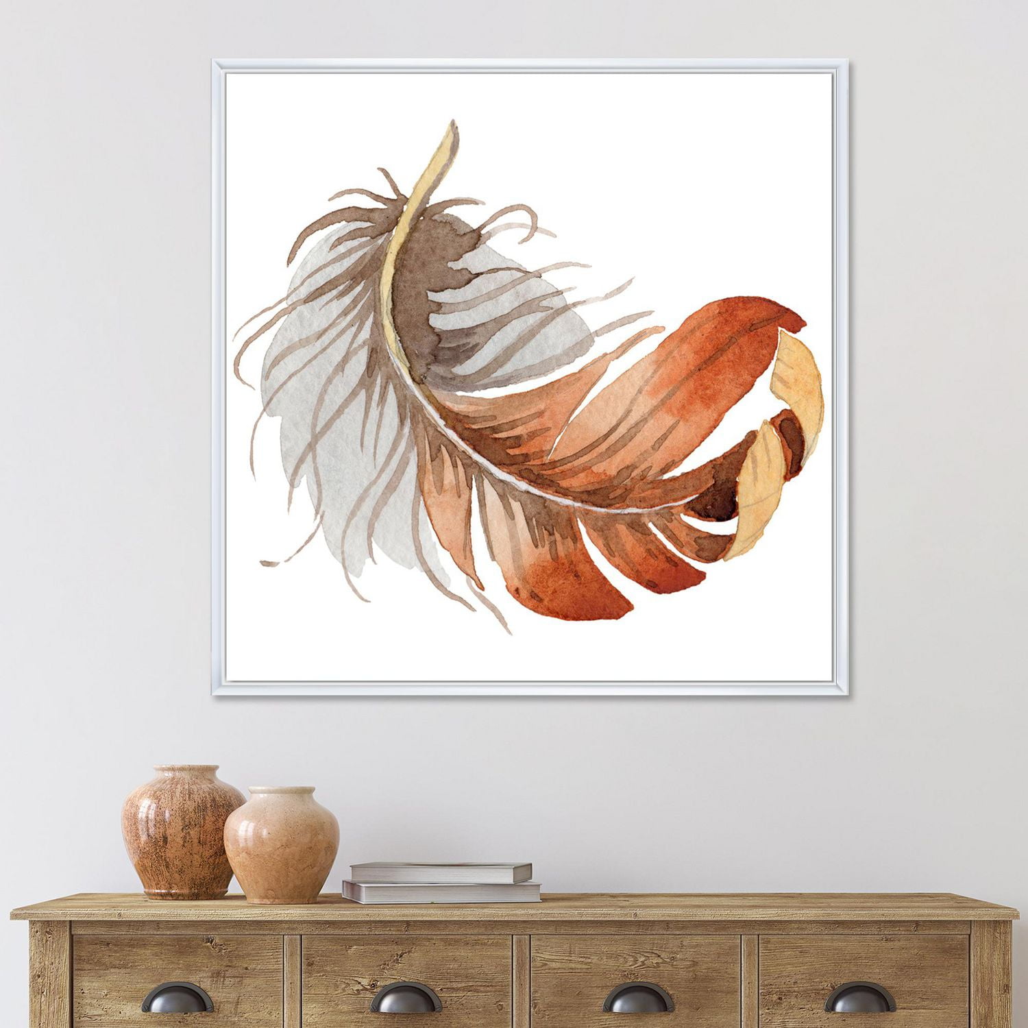 Designart Plume d'Oiseau Ethnique Orange ART MURAL À CADRE FLOTTÉ