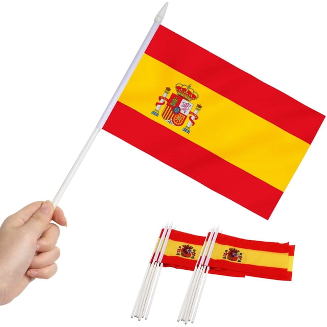 Anley Spain Mini Flag 12 Pack - grouped front view of twelve handheld Spanish flags on 12-inch solid plastic poles with spear tops, each 5.5 x 8 inch polyester flag with red-yellow-red horizontal tricolor print and vivid dye-processed colors, shown on a plain white background; suitable for parades, parties and giveaways.