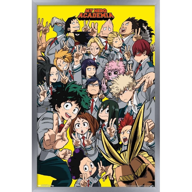 My Hero Academia - Affiche Murale de Selfie, 22,375 Po x 34 Po, Représente un Groupe de Personnages d'Anime en Uniforme Scolaire en Pose avec des Signes de Paix dans un style Selfie sur un Fond Jaune Vif, Imprimée sur du Papier Fini Satiné Lustré aux Couleurs Vibrantes, Convient pour Décorer des Chambres, des Résidences Étudiantes Ou des Bureaux.