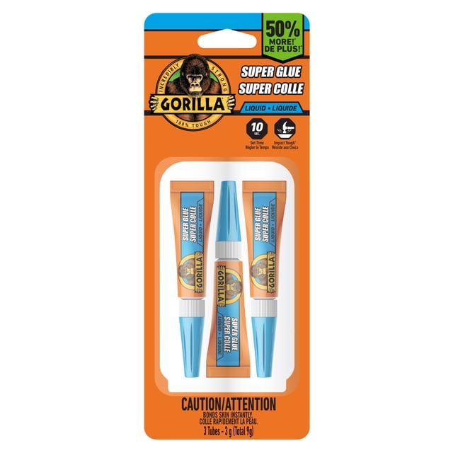 Gorilla Super Glue 3-pack with 3-gram tubes in orange and blue packaging featuring Gorilla logo, fast-setting liquid adhesive with 10-second set time and impact-tough formula for durable household repairs, total 9 grams.