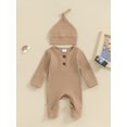 thumbnail image 2 of EYIIYE Infant Baby Girls Boys Basic Romper 0-6M Newborn Long Sleeve Bodysuit Crew Neck Overalls Solid Color Ribbed Button Jumpsuit with Hat Spring Autumn, 2 of 9