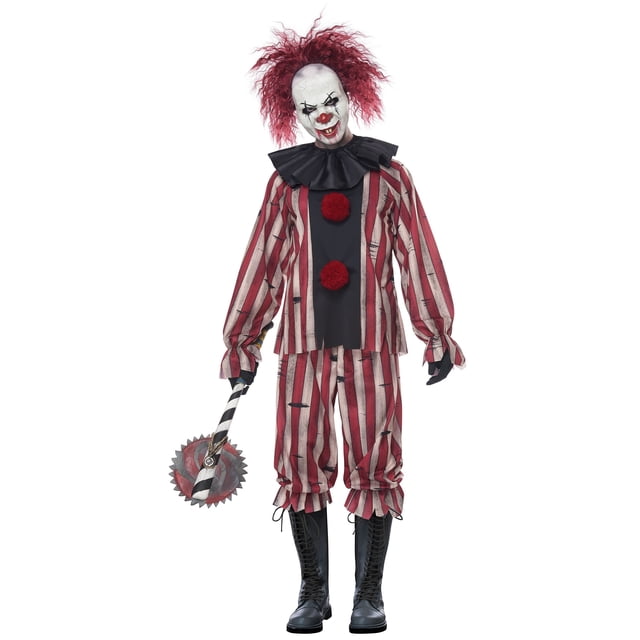 Men's Nightmare Clown Costume centered front-facing full-body shot showing a 100% polyester long-sleeve shirt with decorative pompoms, printed stains and tears, elastic gathered sleeve cuffs and hook-and-loop fastener at back of neck; matching elastic-waist pants with elastic cuffs; molded plastic mask with elastic band. Often used as a Halloween scare costume for parties.