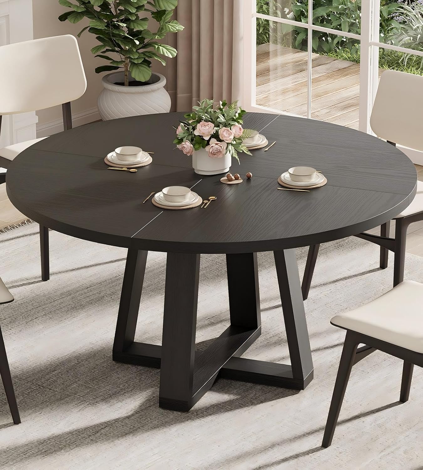 47 Inch Round Dining Table for 4-6 People, Circle Kitchen Table with Cross Base, Farmhouse Wood Dinner Table for Apartment, Black