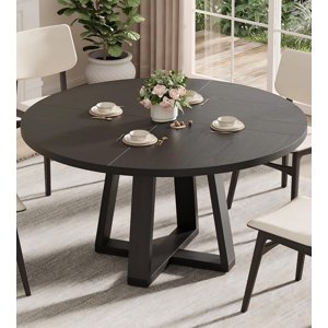 47 Inch Round Dining Table for 4-6 People, Circle Kitchen Table with Cross Base, Farmhouse Wood Dinner Table for Apartment, Black