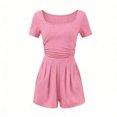 thumbnail image 2 of Short Sleeve Romper for Women, Casual Solid Color Jumpsuit with Pockets and Ruffle Detail, Summer Shorts Playsuit, 2 of 6
