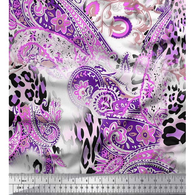 Soimoi Purple Poly Georgette Fabric Paisley & Leopard Animal Skin Decor Fabric Printed Yard 42 Inch Wide