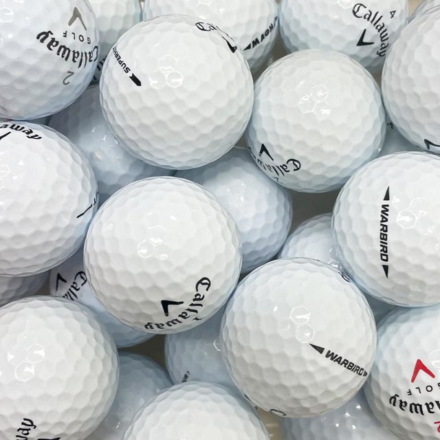 Mulligan - 48 Callaway Mix 5A Recycled Used Golf Balls, White, close-up view of multiple white dimpled golf balls with black Callaway and Warbird branding, showing near mint condition and eco-friendly recycled quality, suitable for players of all skill levels and golf practice.