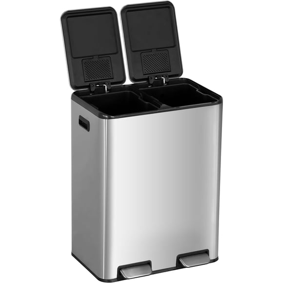 FDW Poubelle à Deux Compartiments de 60 L, Bac à Pédale en Acier Inoxydable de 16 Gallons, Seaux Amovibles 2 X 30 L, Couvercles à Fermeture Douce, Recyclage de Cuisine