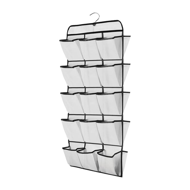 Shoe Storage Rack, Hanging Shoe Racks, Breathable Shoe Storage Cabinet in white with black trim. Features 30 large pockets made of non-woven and mesh fabric for breathability and durability. Designed to hang over doors with a metal hook, measuring 113cm x 45.5cm. Suitable for organizing shoes, toys, gloves, socks, and more. Ideal for bedrooms, dormitories, and laundry rooms.