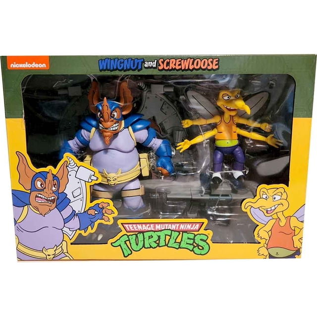 Teenage Mutant Ninja Turtles 7 Inch Action Figure Cartoon Series 2-Pack featuring Wingnut and Screwloose by Neca. This multicolour action figure set is displayed in a collector's box with TMNT branding and character illustrations, ideal for fans and collectors.