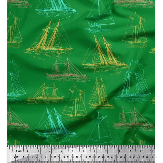 Soimoi Silk Fabric Ship Ocean Printed Fabric 1 Yard 42 Inch Wide