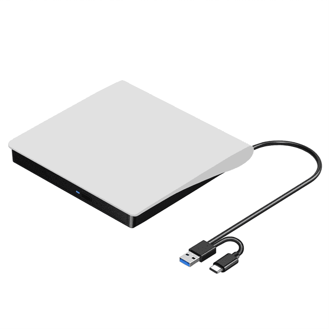 External CD DVD +/-RW Drive in white, featuring USB 3.0 and USB-C connectivity. This portable optical disc drive functions as a CD and DVD ROM burner, player, reader, writer, and ripper. Ideal for laptops and desktop PCs, it supports various disc formats and includes a detachable USB cable for convenience.