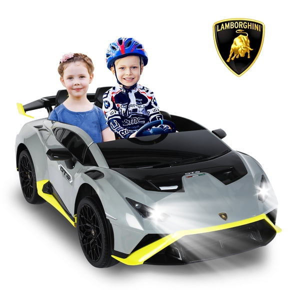 Gyrocopters Voiture Électrique Lamborghini 2 Places pour Enfants / Véhicule Électrique 12 V avec Histoires et Musique / Voiture Électrique pour Enfants avec Télécommande Parentale et Lumières DEL / Gris