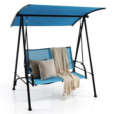 Costway Balançoire de Patio à 2 Places, Balançoire de Porche avec Auvent Réglable pour Jardin, Bleu Foncé