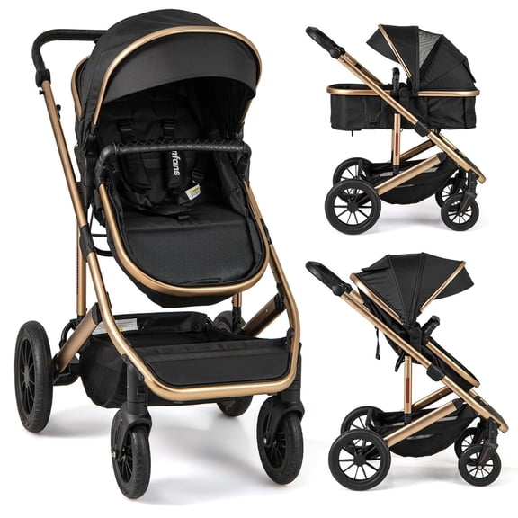 INFANS 2 in 1 Baby Stroller, Folding Newborn Pram Convertible Stroller Bassinet for Infant Foldable High Landscape Shock Absorption with Reversible Seat Aluminum Structure for Pushchair