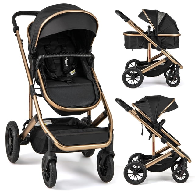 INFANS 2 in 1 Baby Stroller featuring a folding newborn pram and convertible bassinet design. The stroller has a high landscape aluminum frame with a reversible seat, shown in black with gold accents. Includes adjustable canopy, 9-level handlebar, and shock-absorbing wheels with a one-step brake system. Compact foldable design for easy transport and storage.