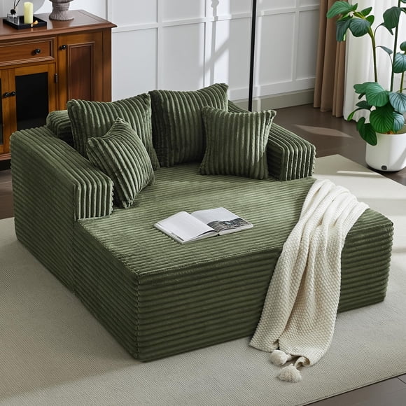 Gaderth Oversized Chaise Lounge Chair Indoor, Corduroy Deep Seat Sleeper Sofa Bed with High Density Foam, Boneless Lounge Chair with 4 Pillows, Wide Armrests, No Assembly for Living Room Bedroom
