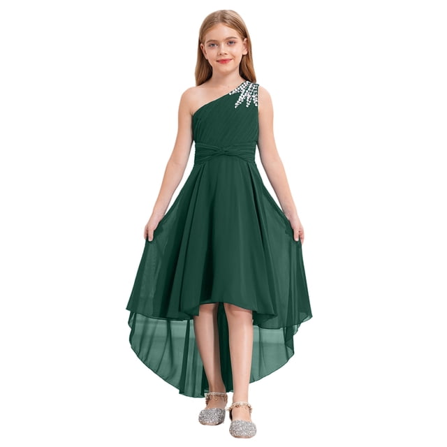 Oyolan Robe de Demoiselle d'Honneur Junior pour Fille, Perles, une Épaule, Ligne A, Mariage, Concours, Fête, Robe de Bal, Vert Armée, 16
