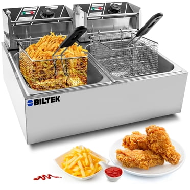 Biltek Friteuse Double avec Paniers pour la Maison et les Petites Entreprises, Friteuse Électrique Commerciale, 2 x Grands Paniers Amovibles, Friteuse Électrique d'Extérieur avec Paniers Grande, 110V 5000W, 20.7Qt/19.6L