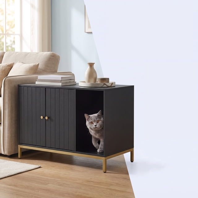 LEDREM Modern Cat Litter Box Furniture - Hidden Enclosure with Scratching Mat, Dual Doors, Side Table Function, Black and Gold
