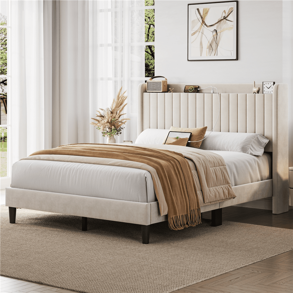 FullFurnique Cadre de Lit Capitonné en Velours avec Prises de Courant et Ports USB, Double, Beige