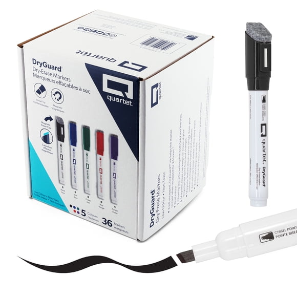 Quartet DryGuard Dry Erase Markers With Eraser Chisel Tip Assorted Ink Colors Pack of 36