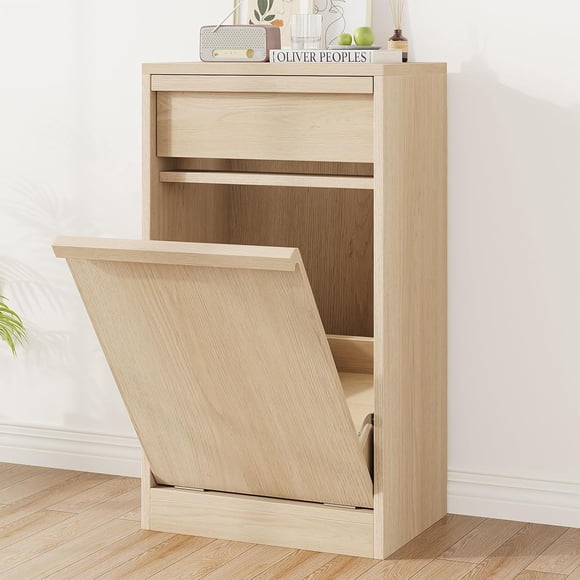 Tilt Out Trash Cabinet, Modern Trash Cabinet with 10 Gallon Storage, Hidden Freestanding Garbage Can Cabinet Laundry Hamper for Kitchen Dining Living Room