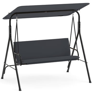 Gymax 3-Seat Outdoor Patio Swing Chair w/ ArmrestsAdjustable Tilt Canopy & Stand Gray