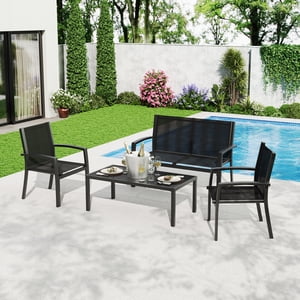 Memoryfield 4-Piece Outdoor Patio Furniture Set, Metal Conversation Set with Loveseat, 2 Armchairs & Coffee Table, Textilene Seating for Porch, Backyard, Balcony, Black
